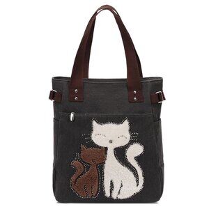 9334 Canvas Handbag Shoulder Bag Cat Big Tote Bag093-BLACK